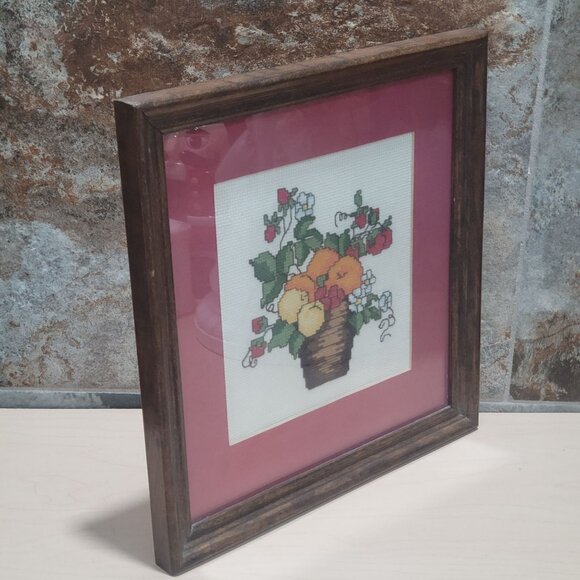 Vintage Framed Cross Stitch Fruit Basket Wall Artwork Hanging Decor - Picture 7 of 10